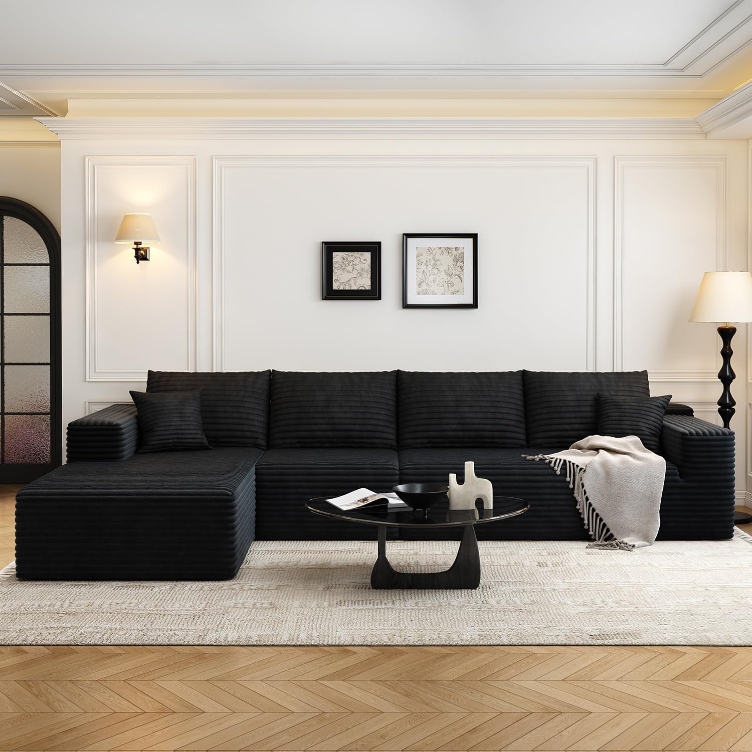 107.5" Cloud Modular Sectional Couch with 1 Ottoman,Modern Minimalist Upholstered Couches, Comfort U Shaped Sofa for Living Room,Deep Seat Corner Couch，No Assembly Required (Grey,Left Facing Chaise)